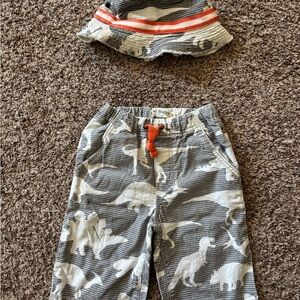 Mini Boden Gray and Orange Dinosaur Hat with matching shorts